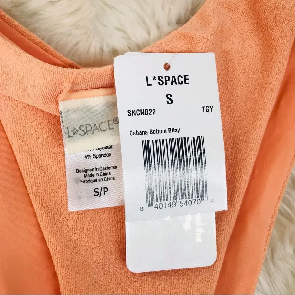 L*SPACE Dax Terry Bikini Top Cabana Bitsy Cut Cheeky Bottom Peach Size Small New